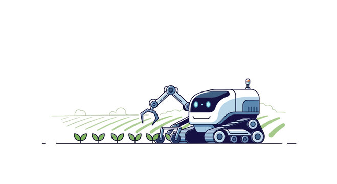 Autonomous agricultural robot tending young plants in a field, smart farming concept
