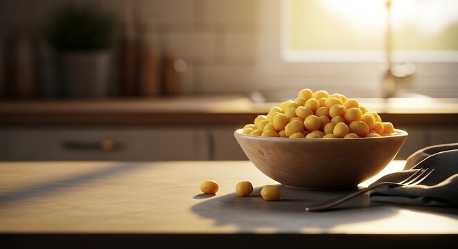 A close-up view of traditional Turkish dessert lokma in a rustic wooden bowl placed on a sunlit kitchen table with a napkin and fork beside the dish