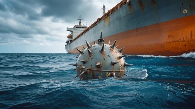 Rusty naval mine floating in ocean water near large oil tanker. Concept of maritime security and naval warfare threats. Panning shot.