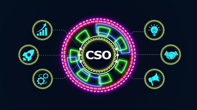Cso neon animated concept with vibrant colors and abstract elements on dark background business technology.