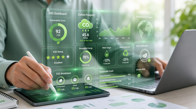 Business professional analyzing ESG sustainability dashboard, carbon footprint metrics and environmental impact data interface