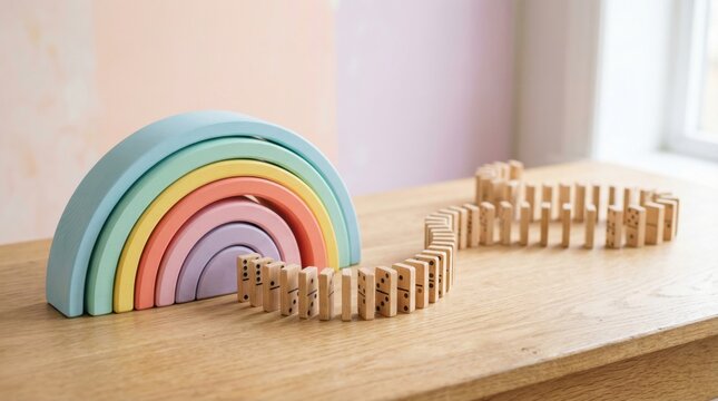 Pastel Wooden Rainbow Stacker and Dominoes on a Light Wood Table