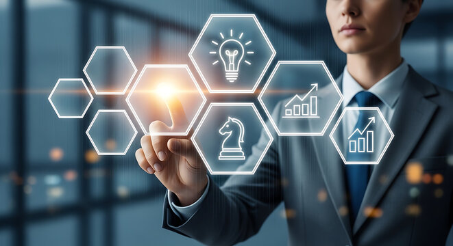 Businessman interacts with futuristic interface in modern office environment.