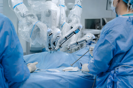 Robotic assisted surgery setup with medical team in a sterile operating room