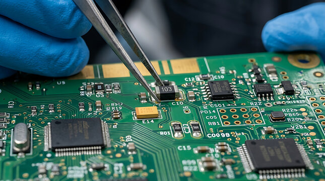 Gloved hands placing electronic component on a circuit board with tweezers