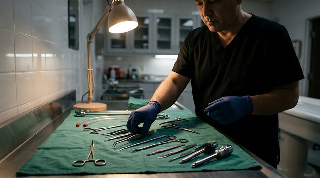 Male surgeon or doctor in scrubs preparing surgical tools on a green cloth in an operating room