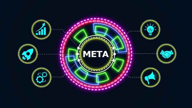 Abstract meta business concept presentation showing digital elements and glowing icons on dark background.