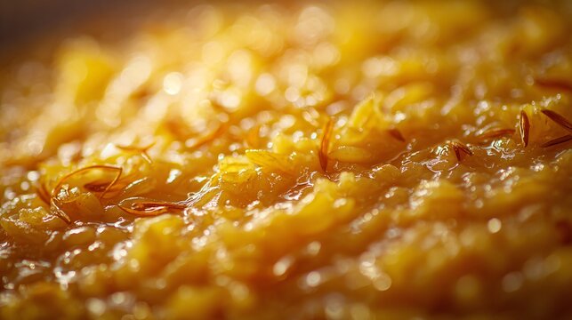 Close up macro view of saffron rice pudding highlighting individual rice grains suspended in creamy milk base, warm golden tones enhanced by soft side lighting