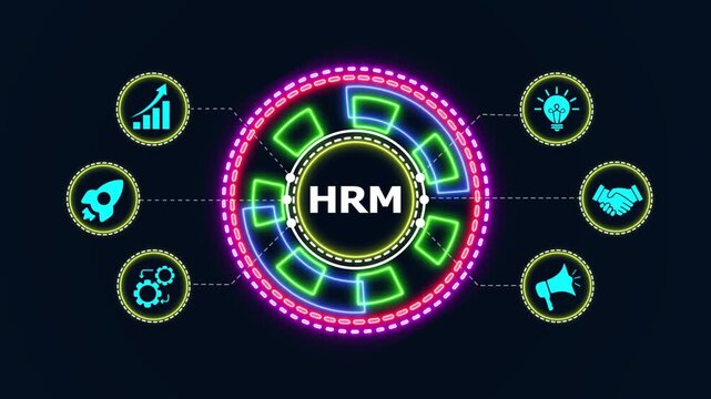 Human resource management animated with glowing lines and icons showing business growth and innovation.