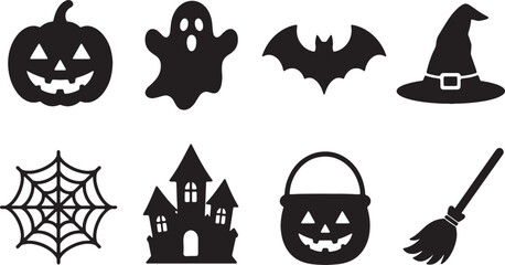 Obraz premium Halloween icons, black silhouettes, spooky symbols, vector graphics isolated on Transparent Background