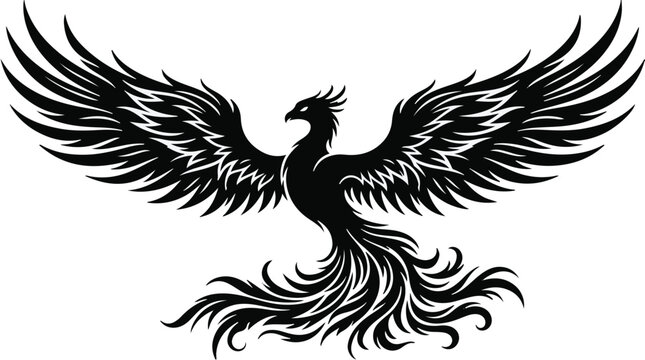 Majestic black phoenix bird spreading wings rising from flames mythical creature symbol isolated on white background