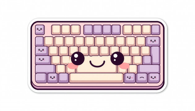 Kawaii Cute Keyboard Typing Happy Little Characters Pastel Purple White Background Cartoon