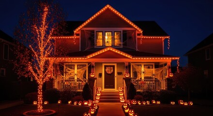 Fototapeta premium A charming residential home glows at night, adorned with carved jack-o-lanterns, eerie spider webs, and festive orange lights for Halloween, yard, october, illumination
