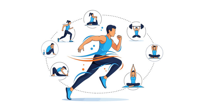 Man Running with Diverse Fitness Activities Circle Illustration
