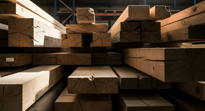 stacked wooden planks in a warehouse with natural light