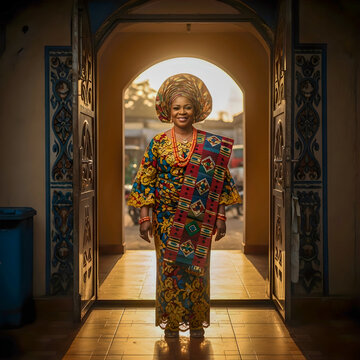 Woman in traditional African attire standing in ornate doorway with colorful patterns and designs, exuding cultural heritage and elegance in a serene setting.
