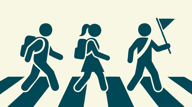 Students and crossing guard using crosswalk, safe pedestrian education