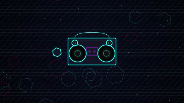 Retro neon boombox icon floating in a digital cyberspace data grid
