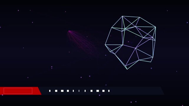 Abstract digital network nodes connecting with floating geometric shapes