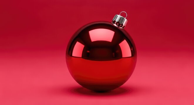 A glossy red Christmas ornament sits elegantly on a matching crimson background, creating a vibrant monochromatic scene for holiday themes, red, texture, sphere