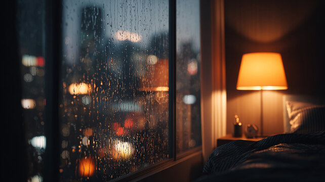 cozy modern bedroom interior at night, large window with rain droplets sliding down glass, blurry city lights outside