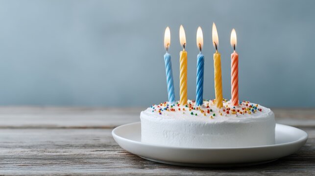 White frosted birthday cake with colorful candles lit on top, placed on a round white plate against a soft blue background with wooden table surface