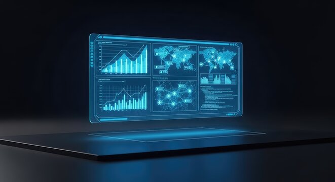 A glowing blue holographic user interface floats silently above a dark minimalist desk, displaying complex data charts and glowing nodes, technology, connection, office