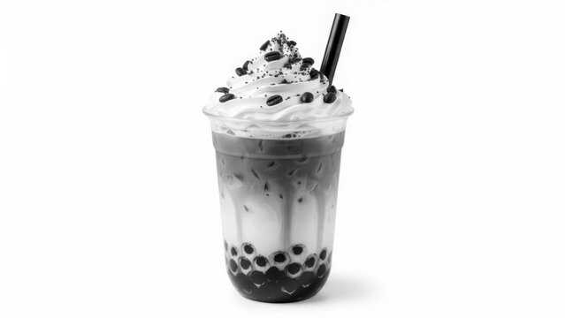 Delicious iced coffee with whipped cream and boba