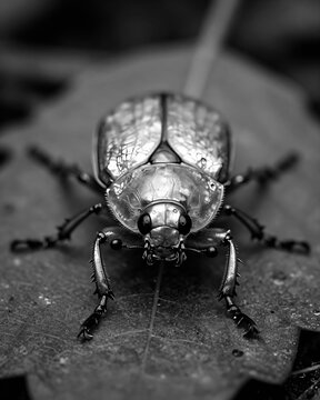 Mother-of-pearl tortoise beetle on a leaf in black and white macro