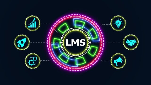 LMS learning management system animation with neon glowing rotating gears and business icons on black background.