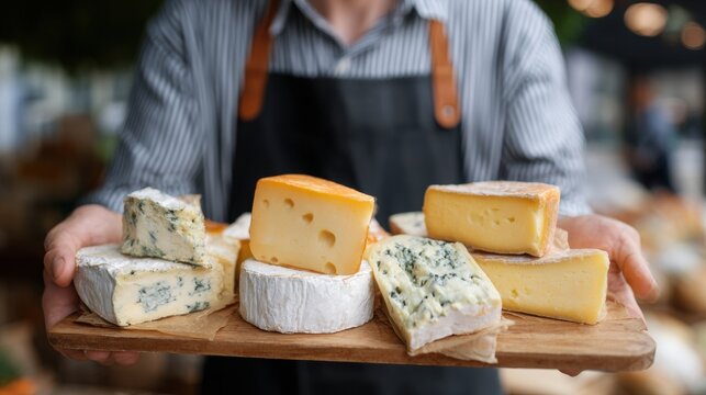 Person holding a wooden platter filled with various types of cheese including blue cheese, brie, cheddar, and gouda in a market setting with blurred background