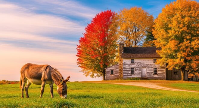 A rustic weathered farmhouse stands among vibrant autumn trees while a lone jackass grazes peacefully on the grass under a colorful sky, wood, farm, golden