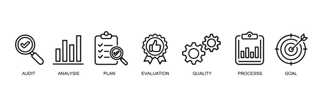 Assessment banner web icon vector illustration with accreditation audit analysis plan evaluation quality process results goal for corporate and academic use