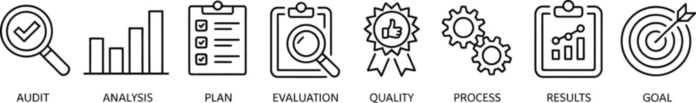 Assessment banner web icon vector illustration for accreditation evaluation audit analysis planning quality process results goal in business and education design