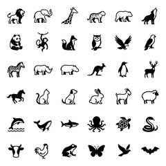 Fototapeta premium Diverse Animal Icons Pack: Wildlife Silhouettes, Black & White Vector Collection for Design