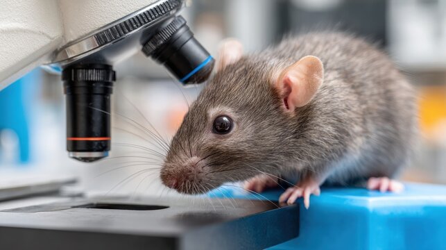 Laboratory mouse positioned near a microscope on a blue surface, showcasing detailed fur texture and anatomical features in a scientific research environment