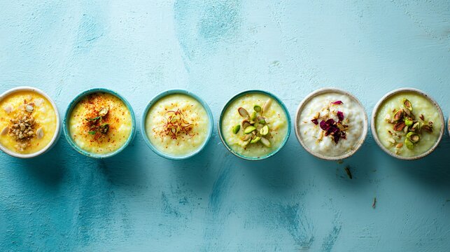 Overhead composition with multiple small bowls of saffron rice pudding arranged in a diagonal line on a pastel blue surface, each bowl topped differently, structured and modern layout