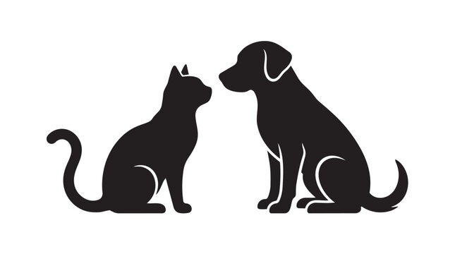 Black silhouettes of a cat and a dog facing each other side view domestic anim