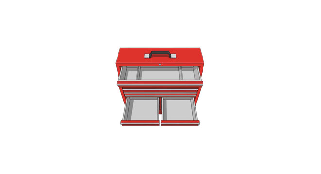 Red and gray toolbox with open drawers showing organized storage compartments.