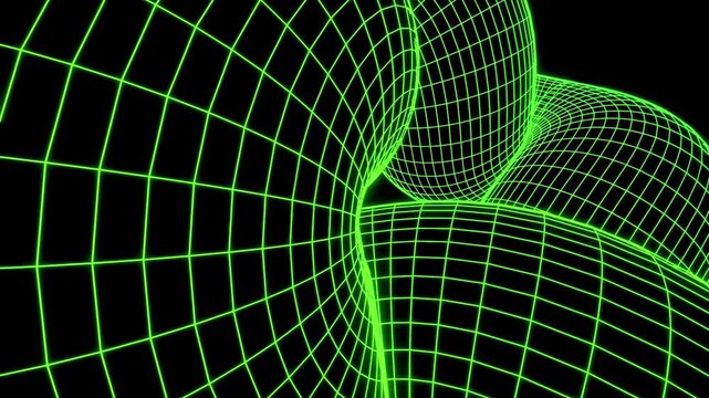 Green wireframe mesh structures rotate in dark space creating a retro futuristic abstract background.