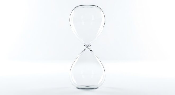 An elegant glass hourglass sits empty on a bright white backdrop, highlighting a minimalist design and clear symmetry for concepts of time, empty, bright, object