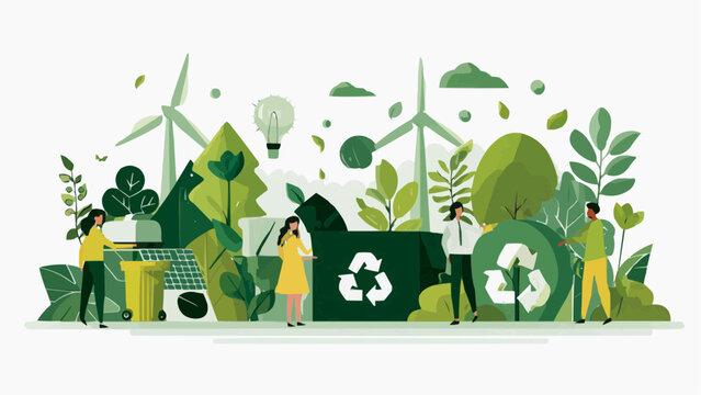 A collaborative illustration shows group of people working on environment. Representing environmental awareness, green living, and sustainable practices.  SVG