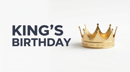 King's Birthday celebration concept with golden crown, royal gold headpiece on white background, majestic king's birthday greeting card design