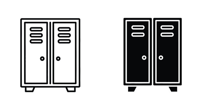 Storage locker icons for school or gym interior organization in linear and solid black vector design isolated on white background for facility management