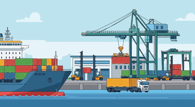 Cargo ship and containers being loaded by crane at a busy port with trucks and forklifts.