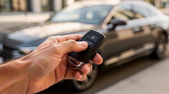 A person's hand holding a modern black car key fob, pressing a button to unlock or lock a dark vehicle in the background.