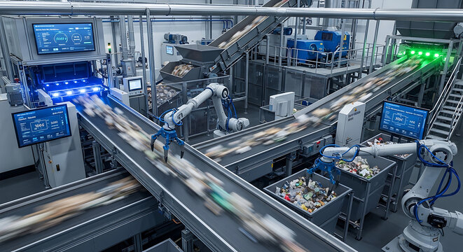 Automated Recycling Facility with Robotic Arms and AI Monitoring Systems for Sustainable Waste Management