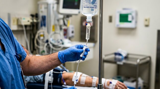 A healthcare professional in blue scrubs and gloves adjusts an intravenous drip for a patient in a hospital setting.