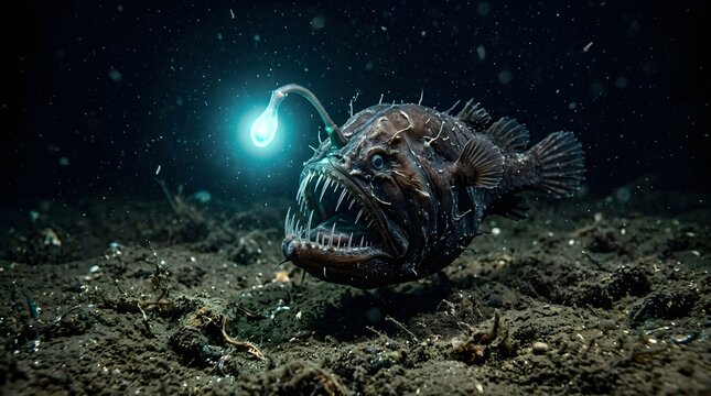 Deep sea anglerfish with bioluminescent lure in dark ocean depths