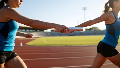Fototapeta premium Woman passing relay baton to her teammate on a running track during a race for teamwork concept, female athletes collaborating in a stadium under bright sunlight